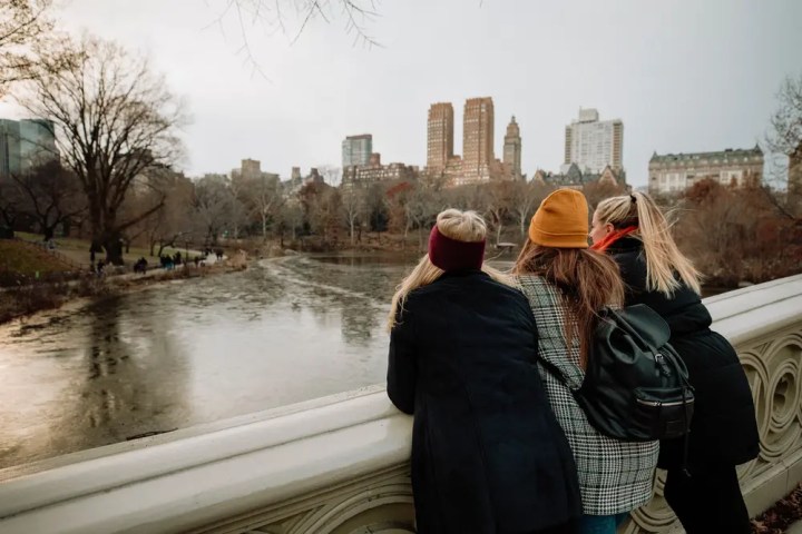 Three people in coats and hats stand on a bridge overlooking a city skyline and river in winter.